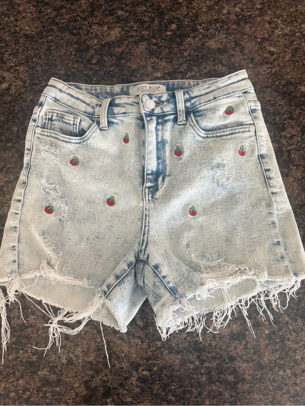 Judy Blue Light Wash Distressed Denim Shorts with Strawberry Motif